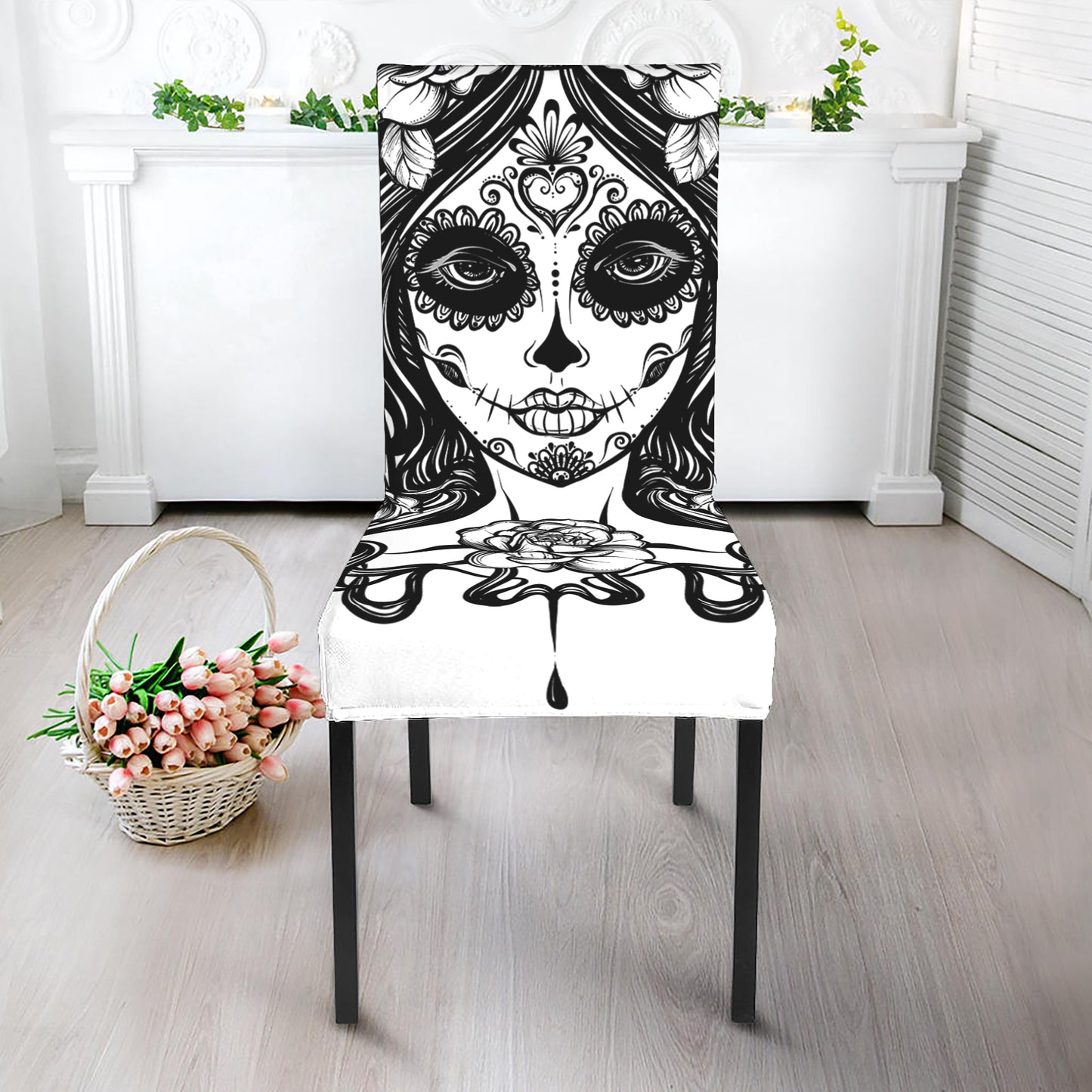 Black And White Calavera Girl Print Dining Chair Slipcover