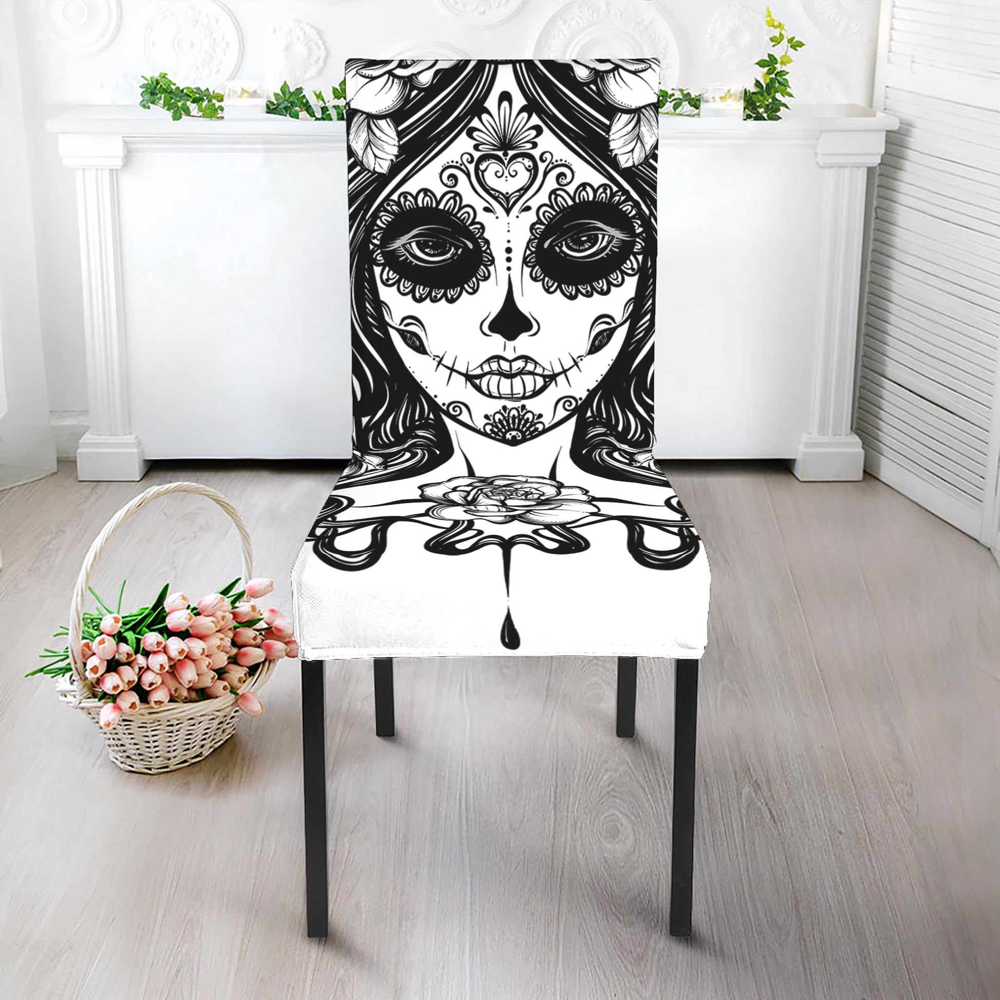 Black And White Calavera Girl Print Dining Chair Slipcover