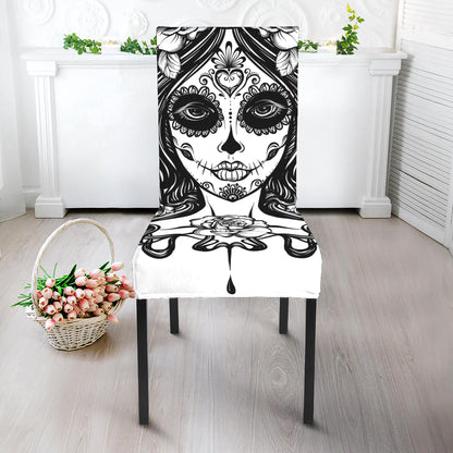 Black And White Calavera Girl Print Dining Chair Slipcover