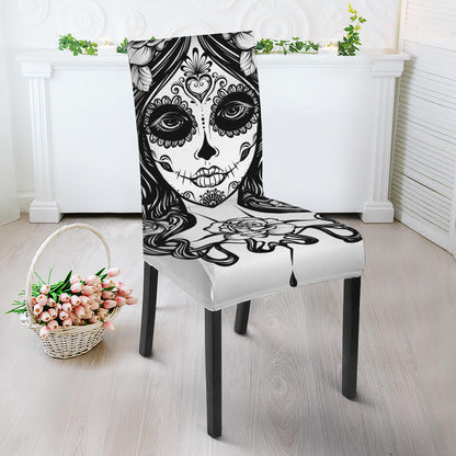 Black And White Calavera Girl Print Dining Chair Slipcover