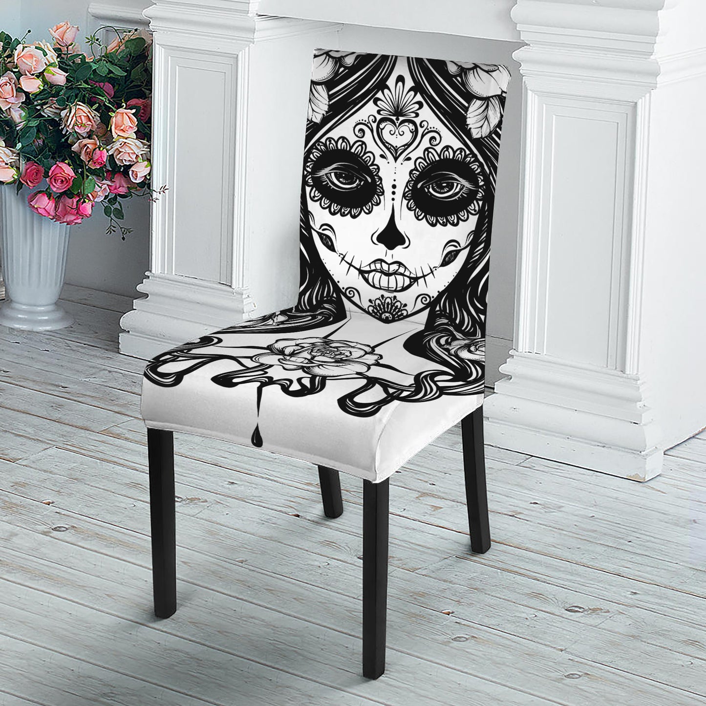 Black And White Calavera Girl Print Dining Chair Slipcover
