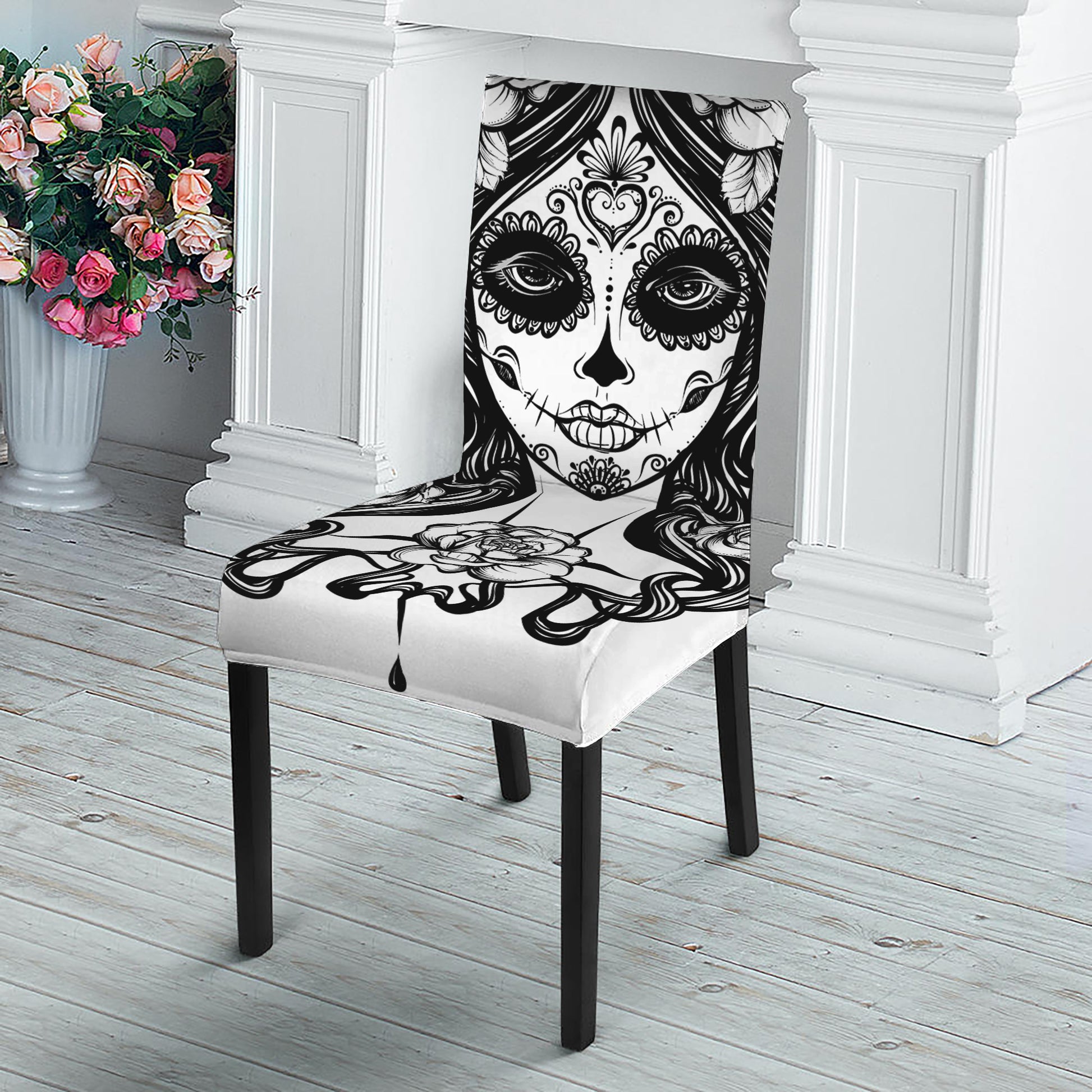 Black And White Calavera Girl Print Dining Chair Slipcover