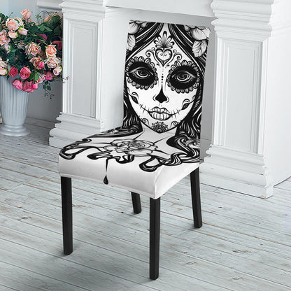 Black And White Calavera Girl Print Dining Chair Slipcover
