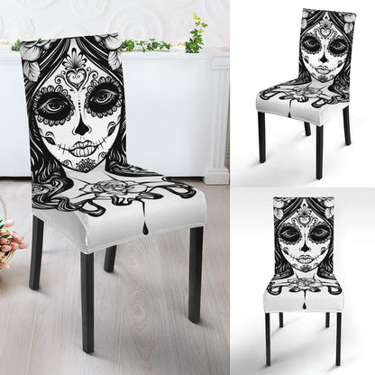 Black And White Calavera Girl Print Dining Chair Slipcover