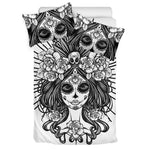 Black And White Calavera Girl Print Duvet Cover Bedding Set