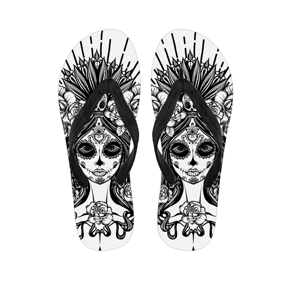 Black And White Calavera Girl Print Flip Flops