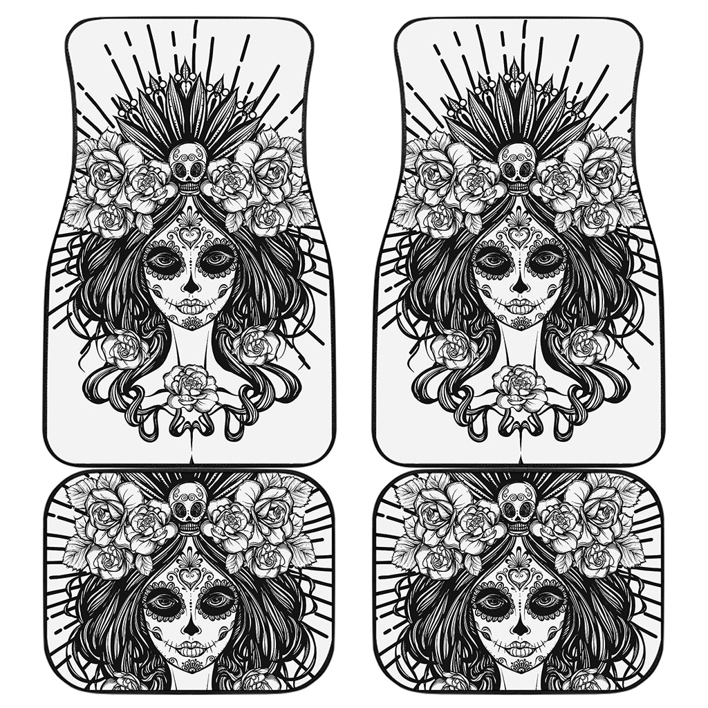 Black And White Calavera Girl Print Front and Back Car Floor Mats