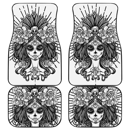 Black And White Calavera Girl Print Front and Back Car Floor Mats