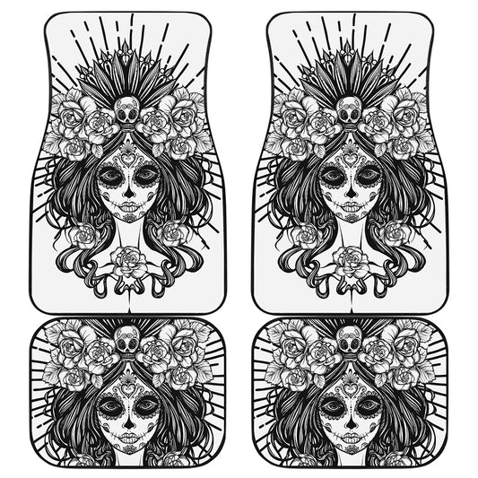 Black And White Calavera Girl Print Front and Back Car Floor Mats