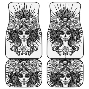 Black And White Calavera Girl Print Front and Back Car Floor Mats