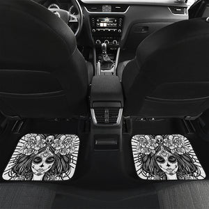 Black And White Calavera Girl Print Front and Back Car Floor Mats