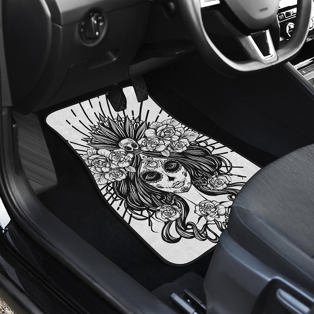 Black And White Calavera Girl Print Front and Back Car Floor Mats