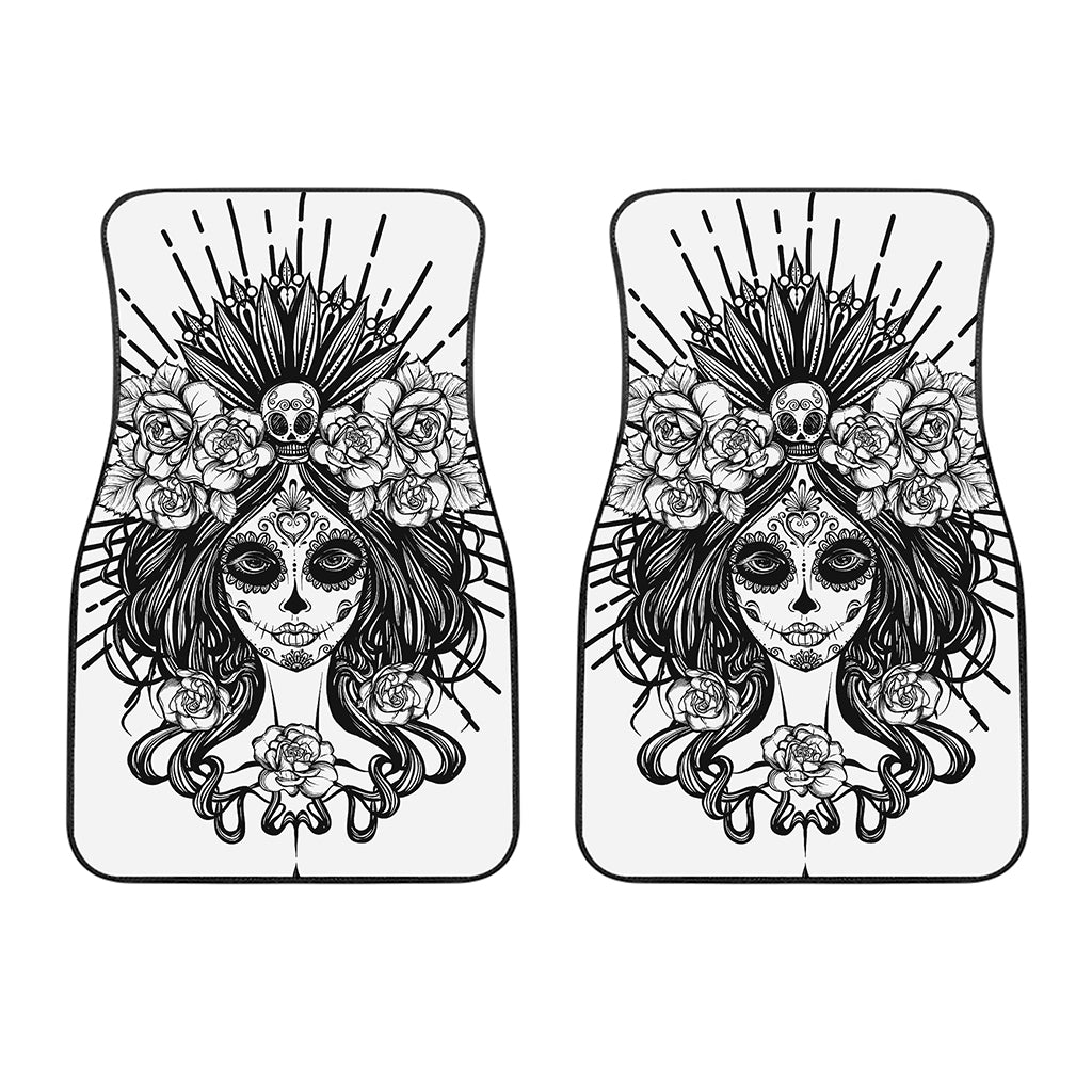 Black And White Calavera Girl Print Front Car Floor Mats