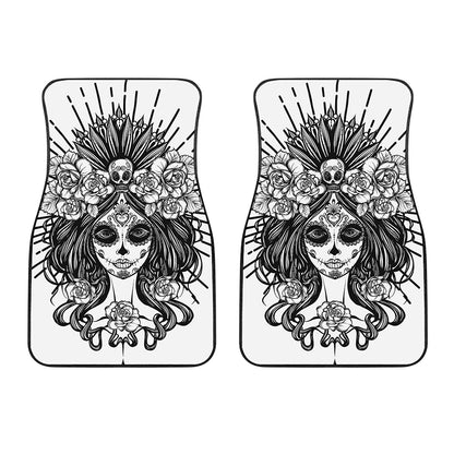 Black And White Calavera Girl Print Front Car Floor Mats