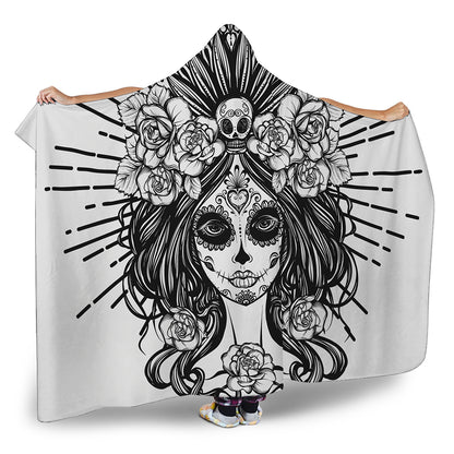 Black And White Calavera Girl Print Hooded Blanket