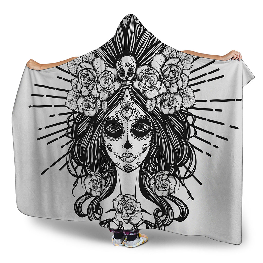 Black And White Calavera Girl Print Hooded Blanket