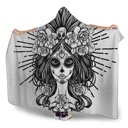 Black And White Calavera Girl Print Hooded Blanket