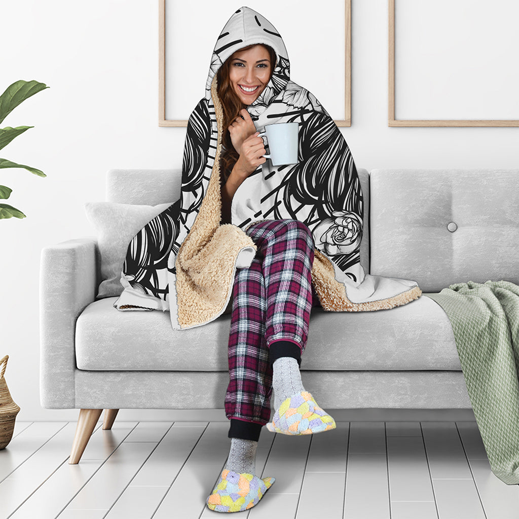 Black And White Calavera Girl Print Hooded Blanket