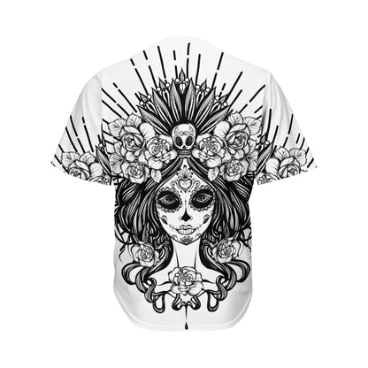 Black And White Calavera Girl Print Men's Baseball Jersey