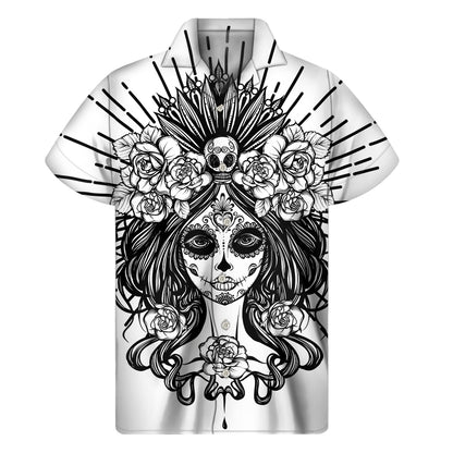 Black And White Calavera Girl Print Men's Short Sleeve Shirt