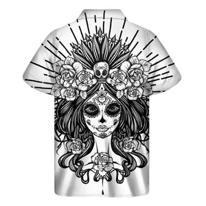 Black And White Calavera Girl Print Men's Short Sleeve Shirt