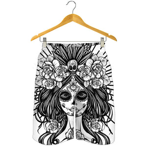 Black And White Calavera Girl Print Men's Shorts