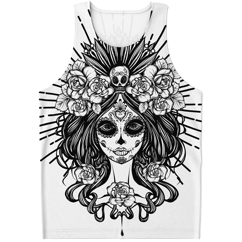 Black And White Calavera Girl Print Men's Tank Top