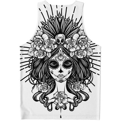 Black And White Calavera Girl Print Men's Tank Top