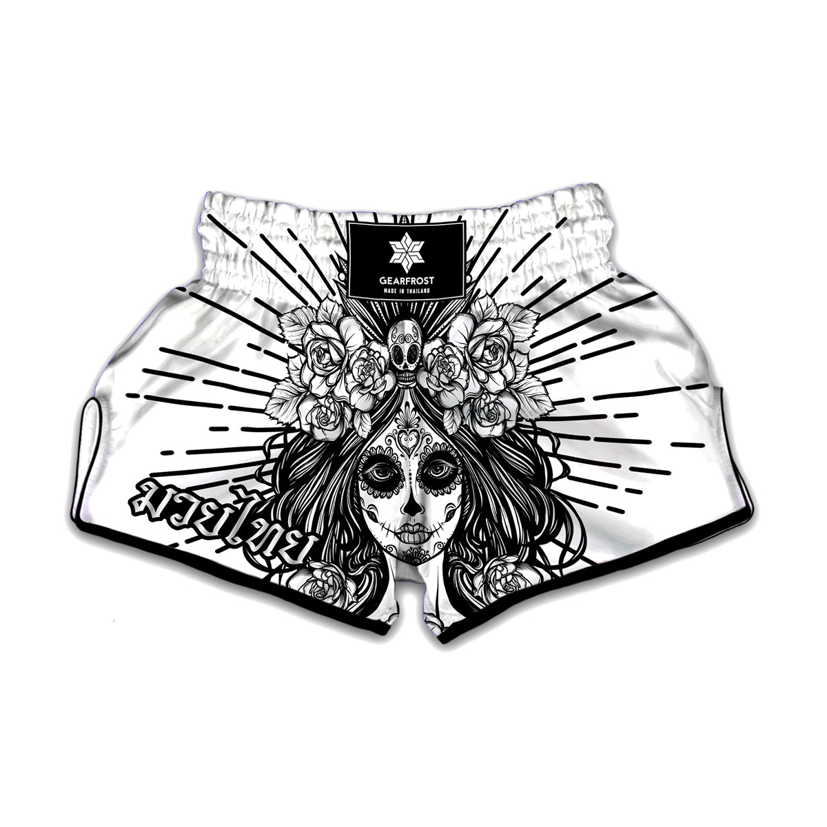 Black And White Calavera Girl Print Muay Thai Boxing Shorts