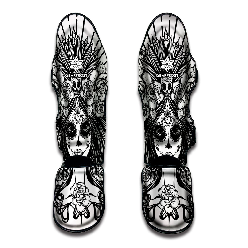 Black And White Calavera Girl Print Muay Thai Shin Guard