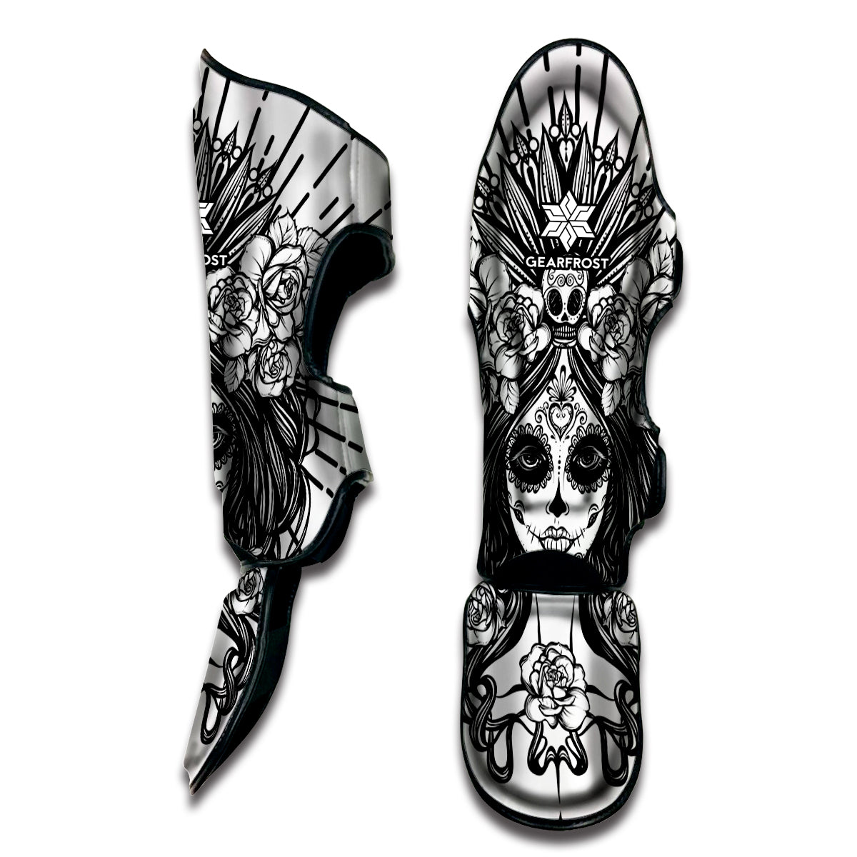 Black And White Calavera Girl Print Muay Thai Shin Guard