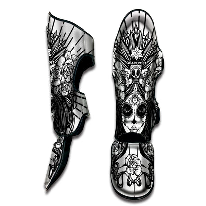 Black And White Calavera Girl Print Muay Thai Shin Guard