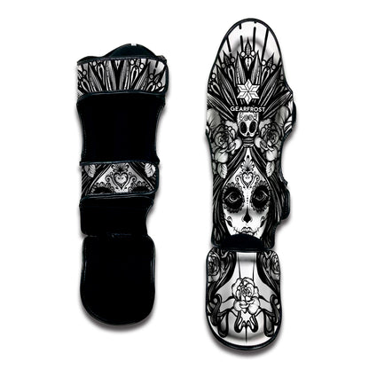 Black And White Calavera Girl Print Muay Thai Shin Guard