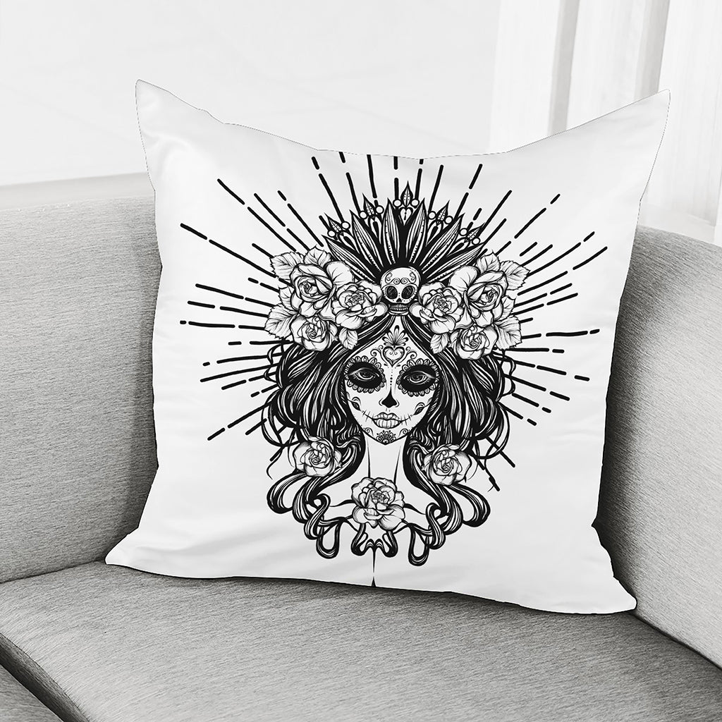 Black And White Calavera Girl Print Pillow Cover