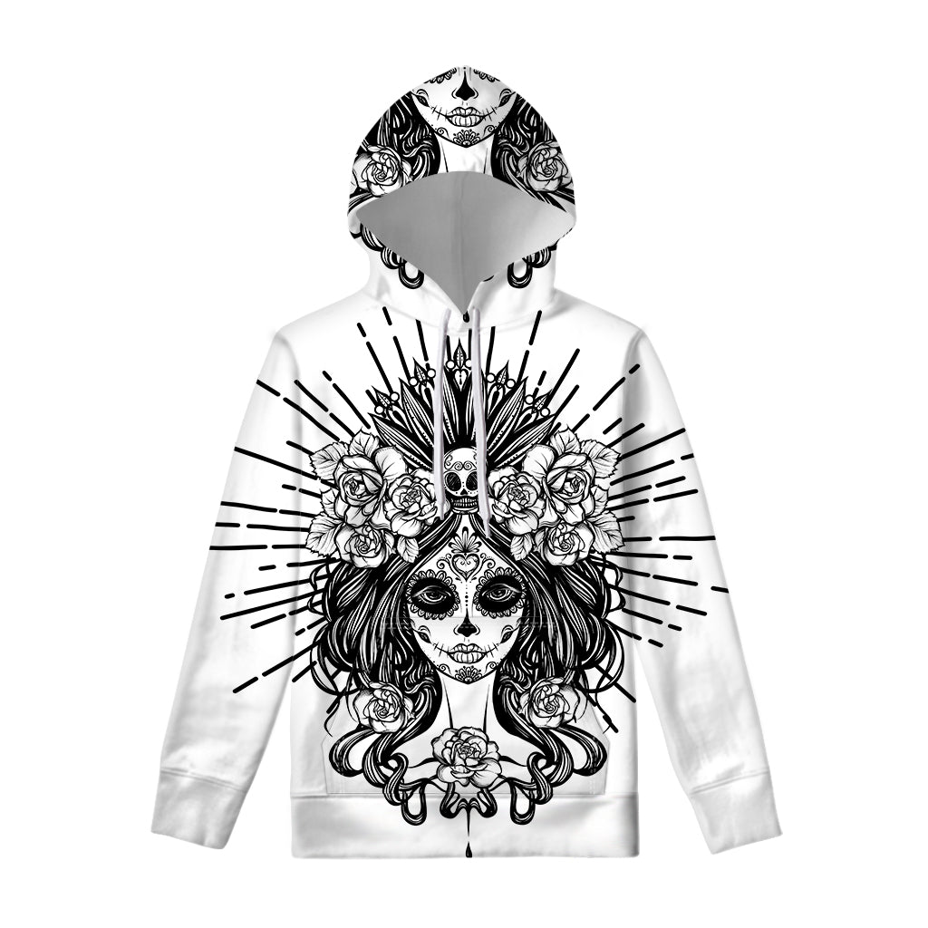 Black And White Calavera Girl Print Pullover Hoodie