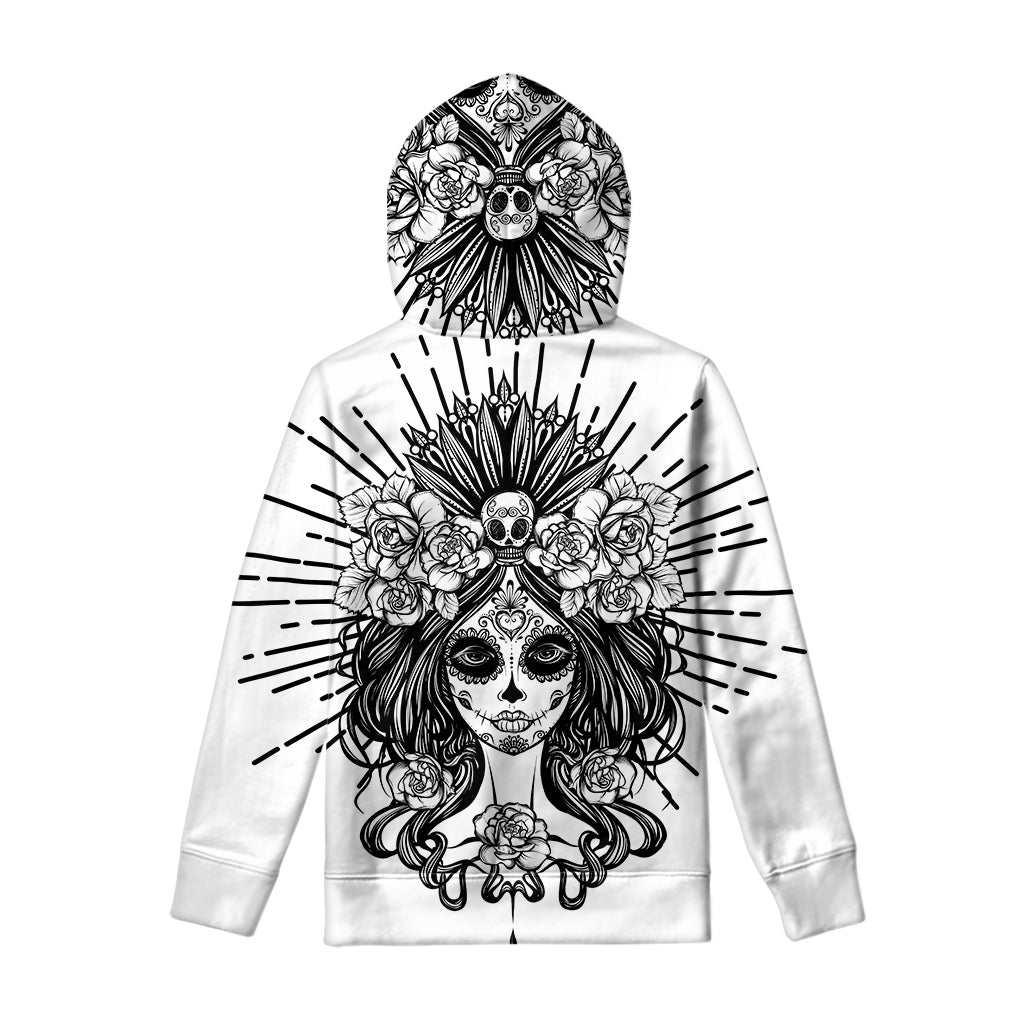 Black And White Calavera Girl Print Pullover Hoodie