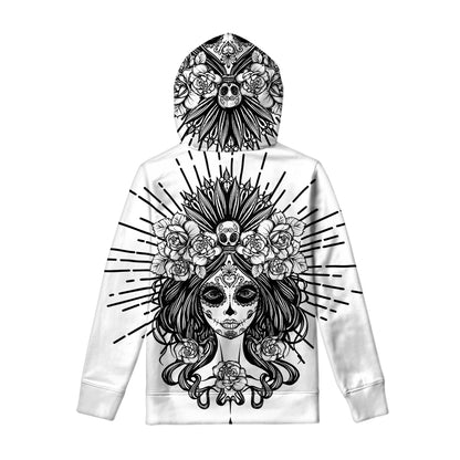 Black And White Calavera Girl Print Pullover Hoodie