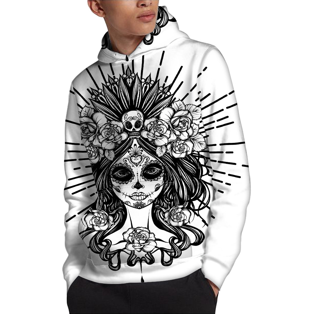 Black And White Calavera Girl Print Pullover Hoodie