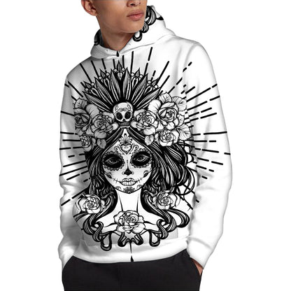 Black And White Calavera Girl Print Pullover Hoodie
