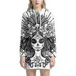 Black And White Calavera Girl Print Pullover Hoodie Dress