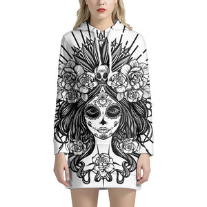 Black And White Calavera Girl Print Pullover Hoodie Dress