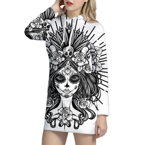 Black And White Calavera Girl Print Pullover Hoodie Dress