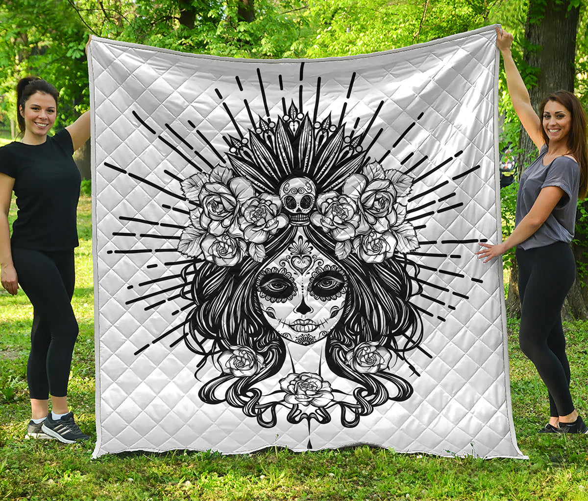 Black And White Calavera Girl Print Quilt