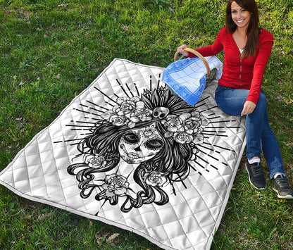 Black And White Calavera Girl Print Quilt