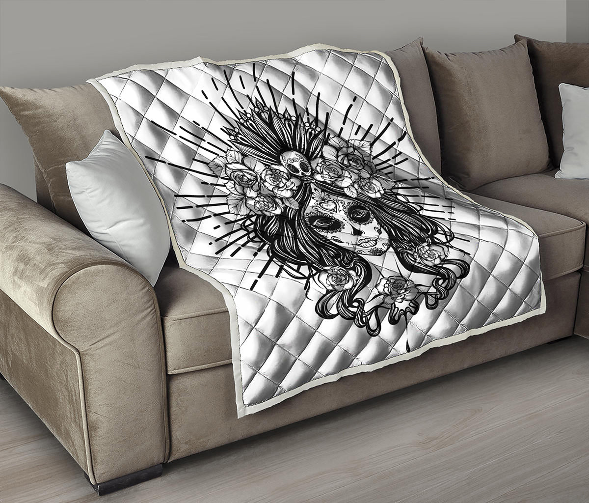 Black And White Calavera Girl Print Quilt
