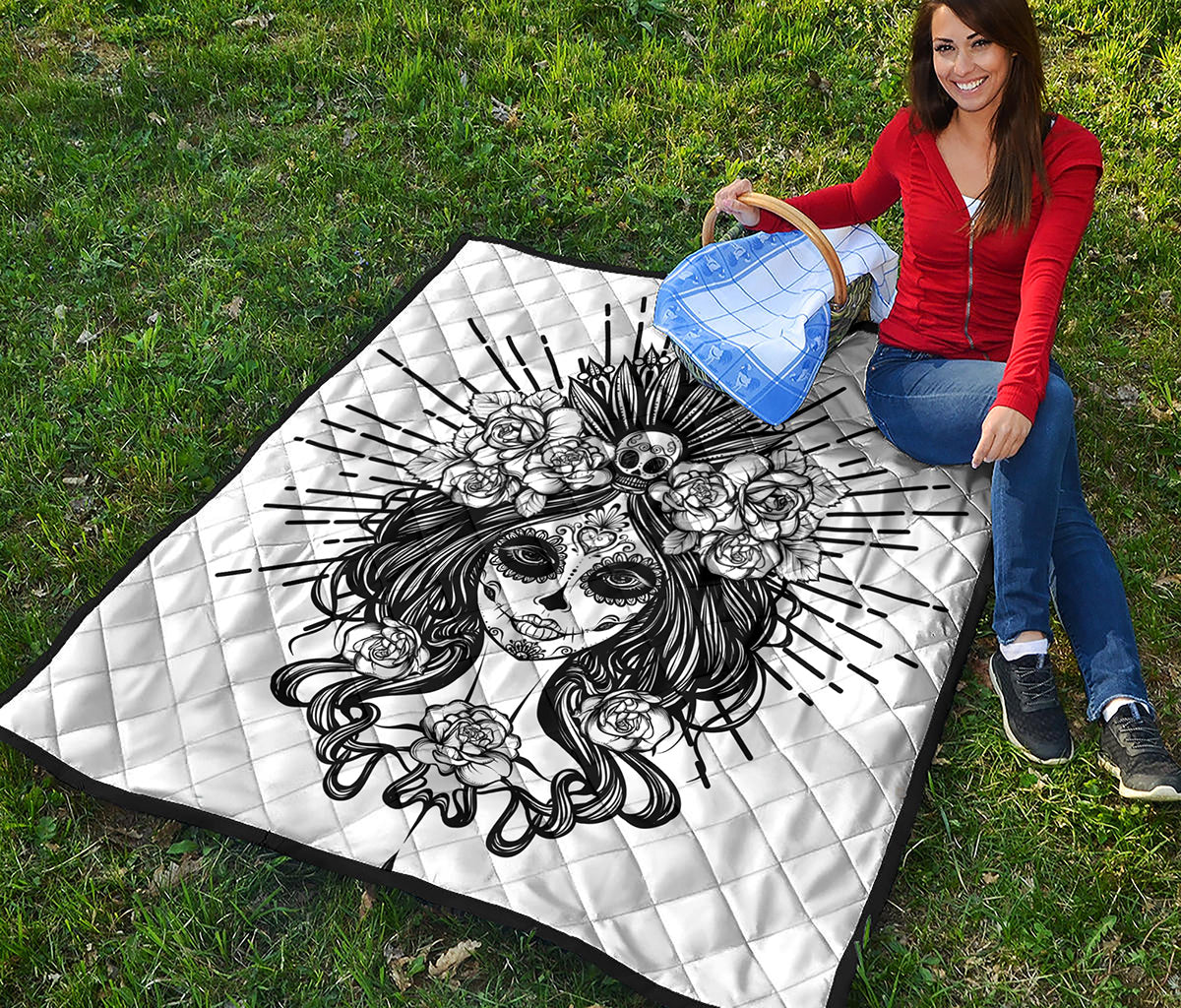 Black And White Calavera Girl Print Quilt