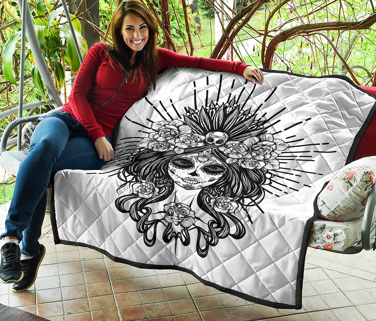 Black And White Calavera Girl Print Quilt