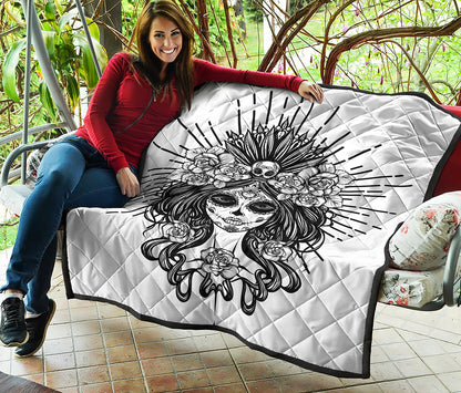 Black And White Calavera Girl Print Quilt