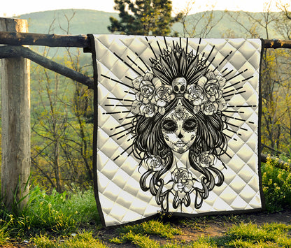 Black And White Calavera Girl Print Quilt