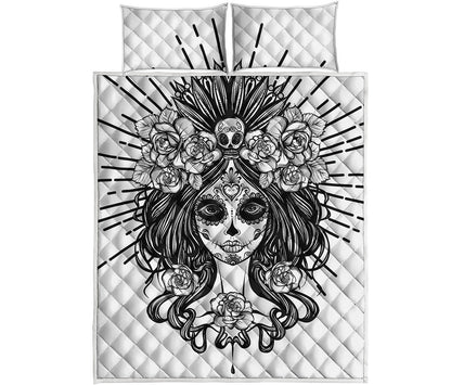 Black And White Calavera Girl Print Quilt Bed Set